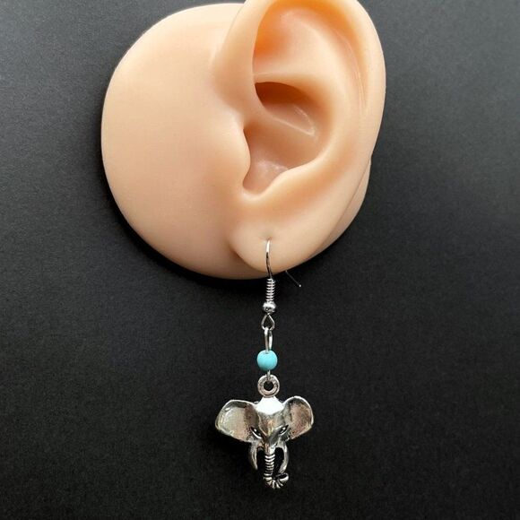 Silver Lucky Elephant and Blue Turquoise Beaded Boho Dangling Drop Hook Earrings - Picture 7 of 8